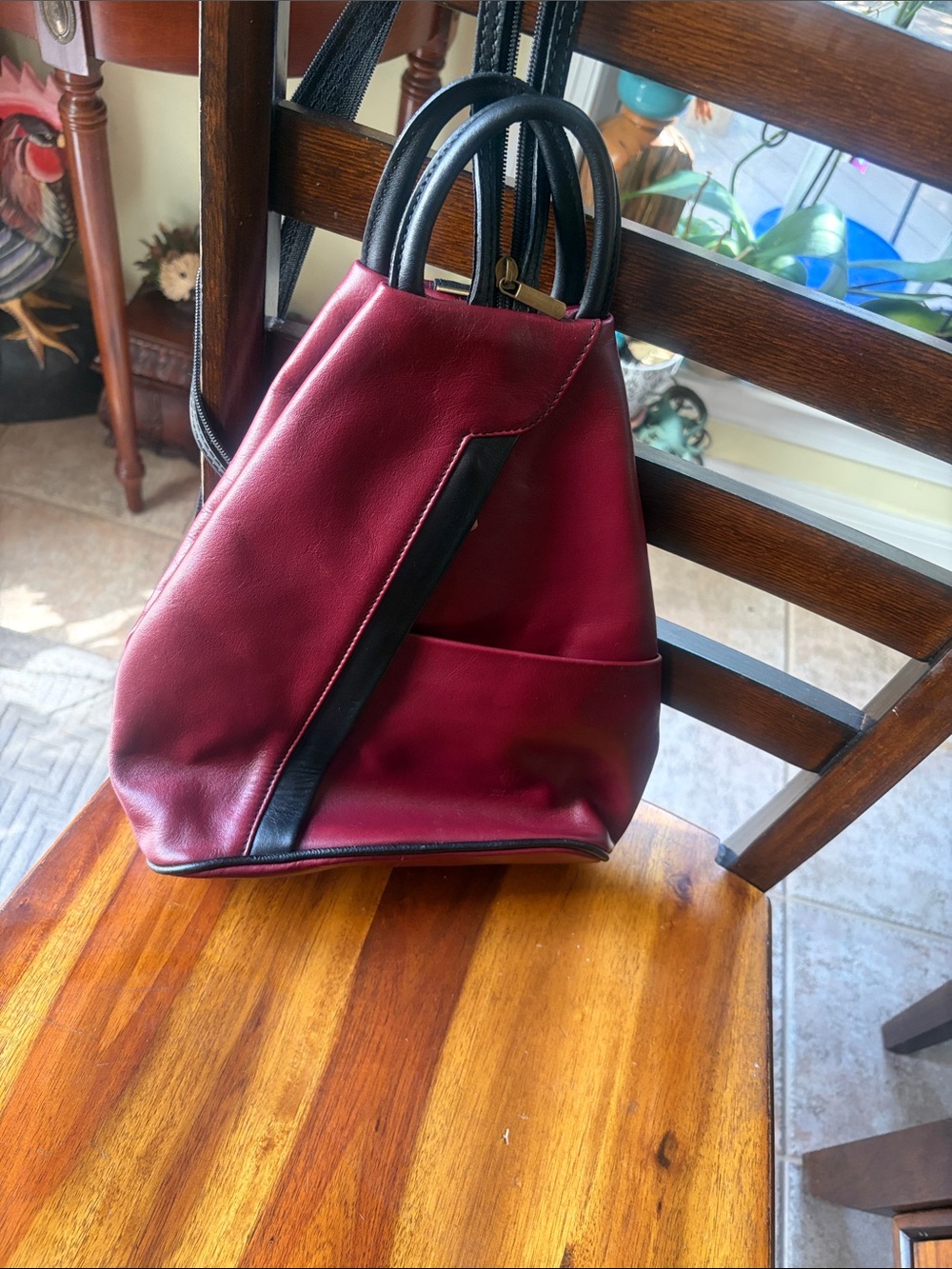Women’s Burgundy Italian Leather backpack/shoulder with Black Trim